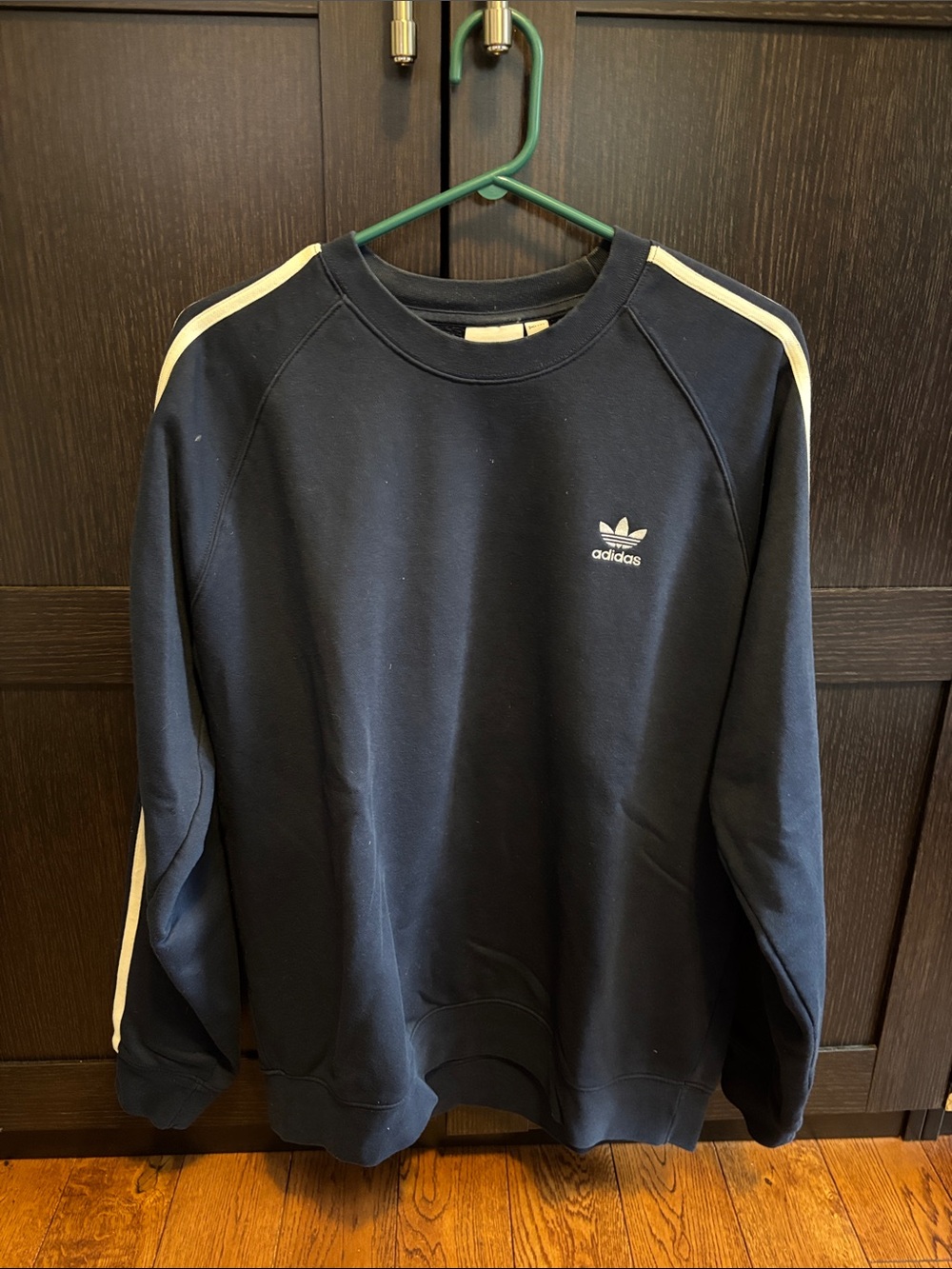 adidas Navy Blue Trefoil Crewneck Sweatshirt with White Shoulder Stripes